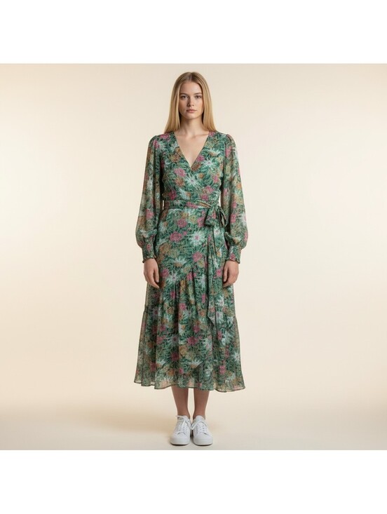 LC Lauren Conrad Dresses & Skirts - LC Lauren Conrad Wrap Dress S Small Green Floral Long Tasseled Belted V-Neck